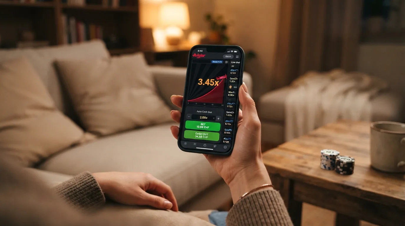 Aviator-Spieloberfläche auf einem Smartphone mit Touch-Bedienung und Live-Chat