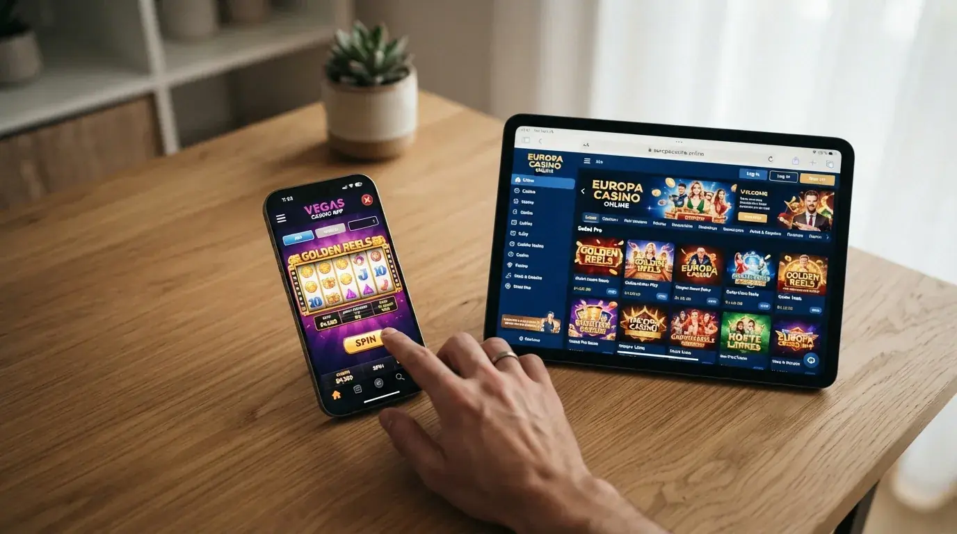 Smartphone mit nativer Casino-App neben einem Tablet mit geöffneter Casino-Webseite im Browser