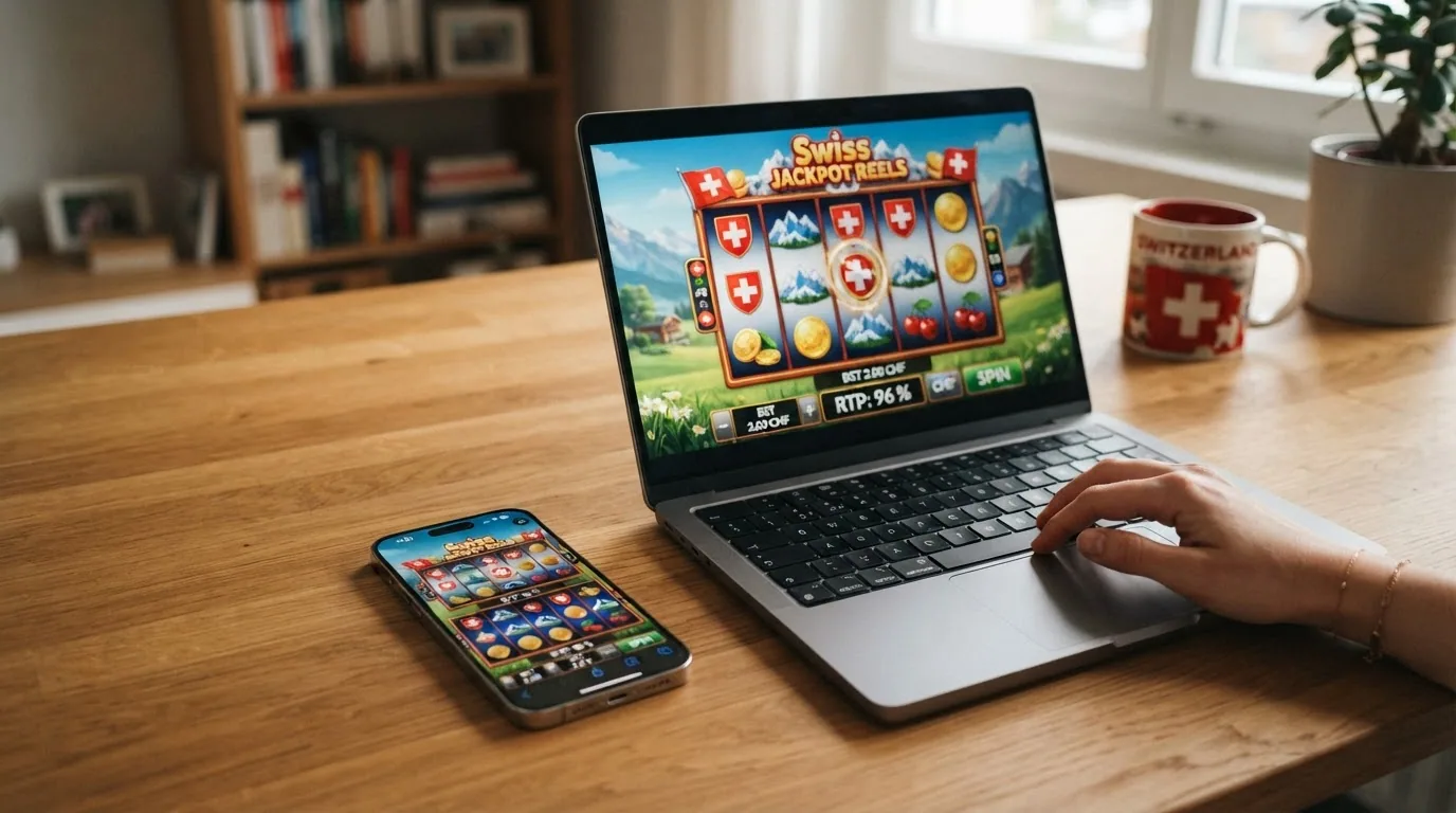 Smartphone mit geöffneter Casino-App, daneben dasselbe Spiel auf einem Laptop — beide Bildschirme zeigen identische RTP-Anzeige «96 %»