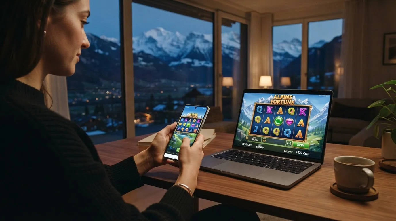 Ein Smartphone in der Hand mit geöffneter Casino-App, auf dem Bildschirm ist derselbe Slot wie auf einem daneben stehenden Laptop zu sehen
