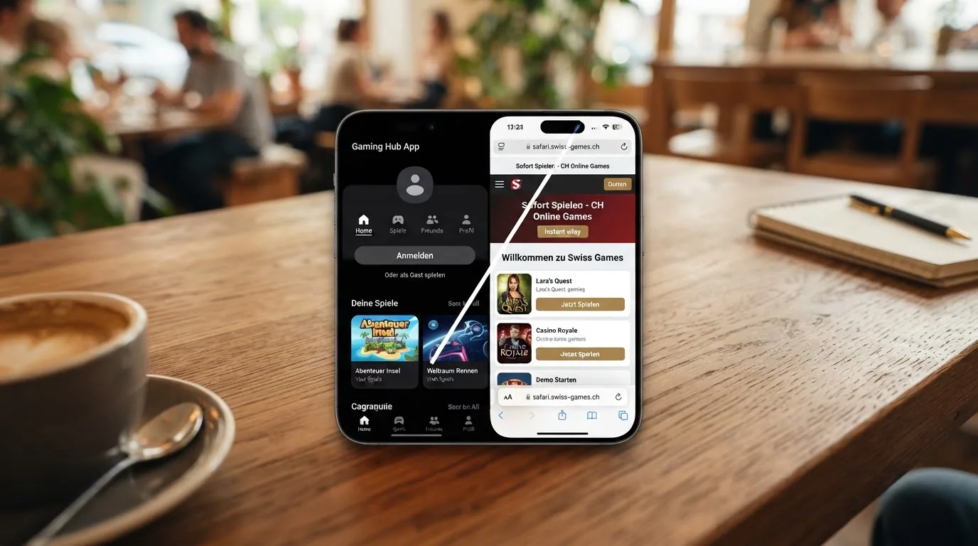 Ein Smartphone in der Hand, das halb eine native Casino-App und halb einen mobilen Browser zeigt
