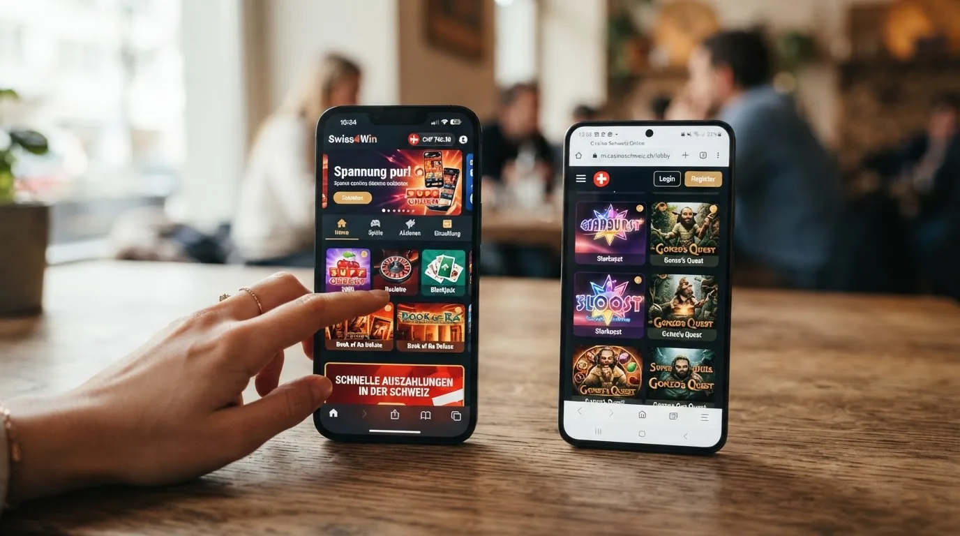 Zwei Smartphones nebeneinander: links die geöffnete Swiss4Win-App mit Spielauswahl, rechts eine responsive Casino-Website im mobilen Browser