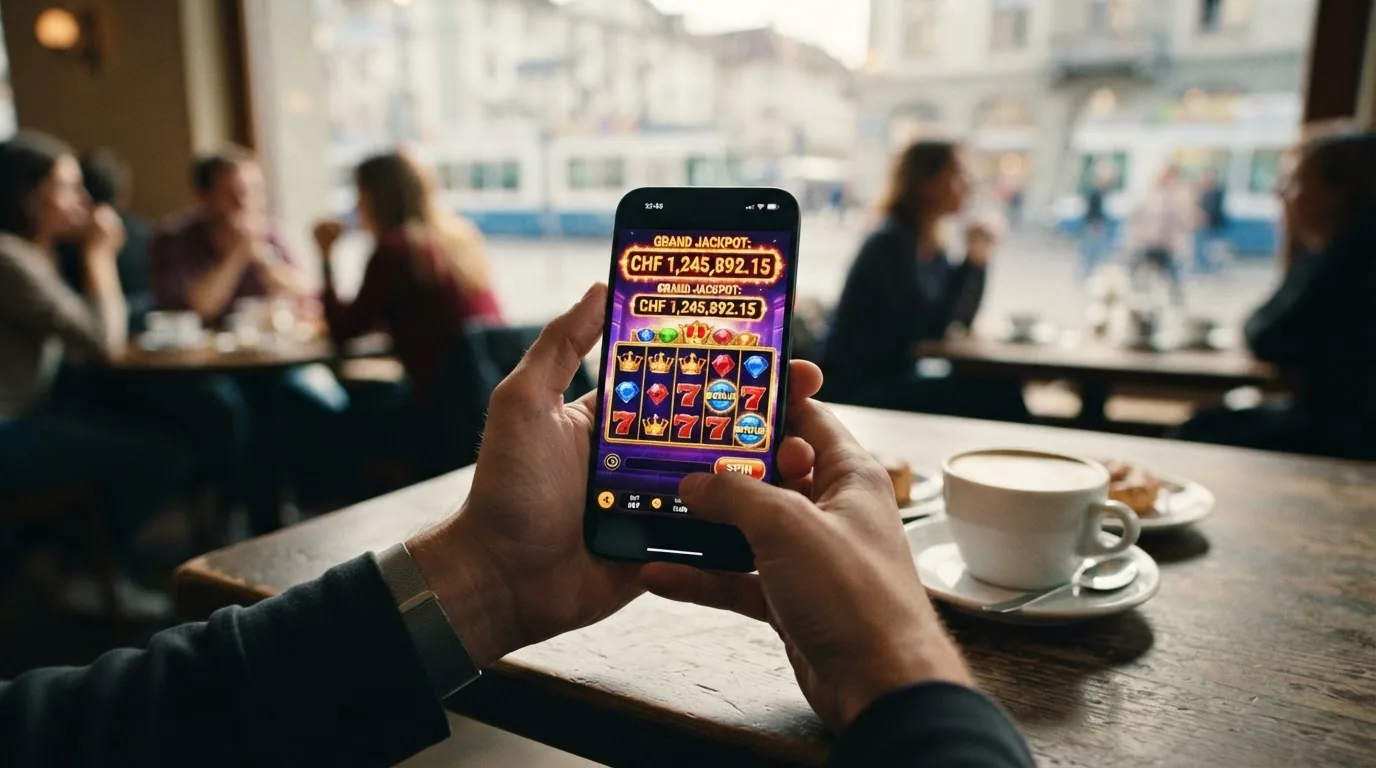 Ein Smartphone in der Hand mit geöffneter Casino-App, darauf ein progressiver Jackpot-Slot mit sichtbarem Gewinntopf