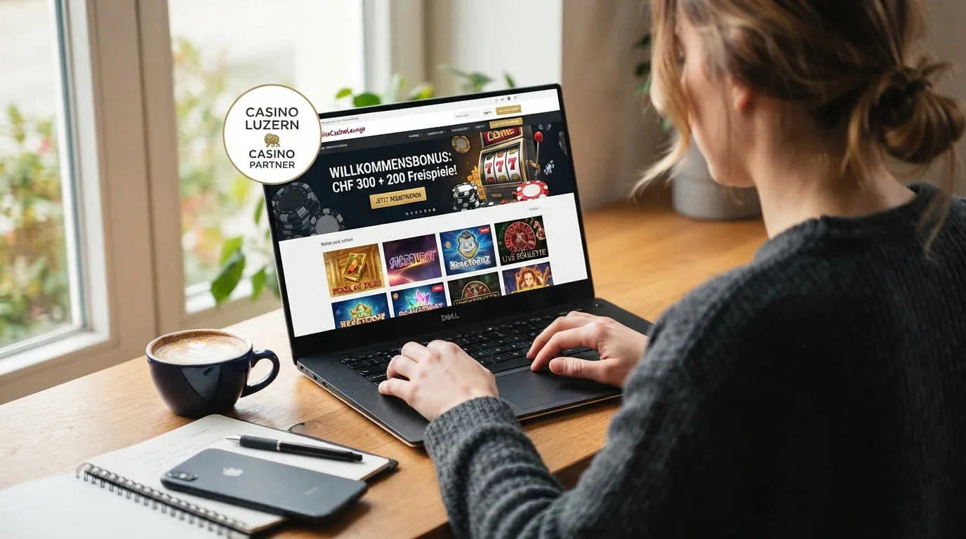 Die Startseite von MyCasino auf einem Laptop — Spielkacheln, Bonus-Banner mit «CHF 300 + 200 Freispiele» und das Logo des Grand Casino Luzern