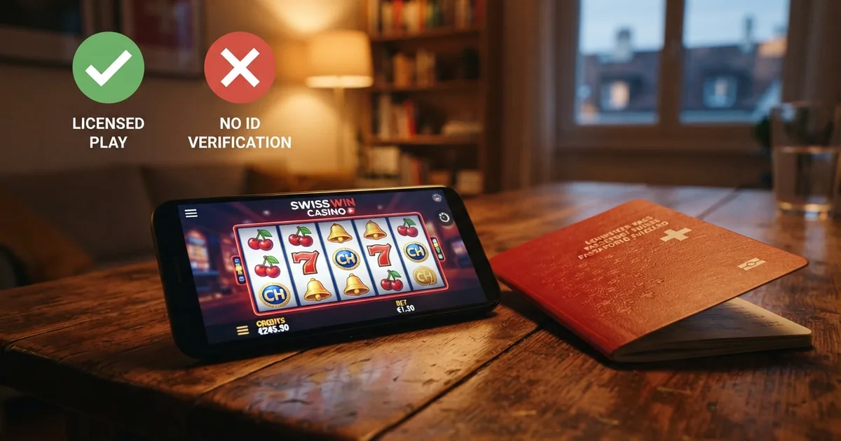 Ein Smartphone mit einer Casino-App, daneben ein Schweizer Pass, im Hintergrund eine Ampelsymbolik — grün für lizenziert, rot durchgestrichen für «ohne Ausweis»