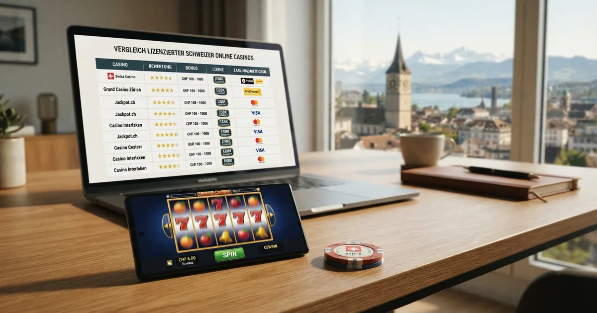 Eine geordnete Übersicht mit Casino-Logos, Bewertungskriterien und einem Lupensymbol auf einer Schweizer Karte
