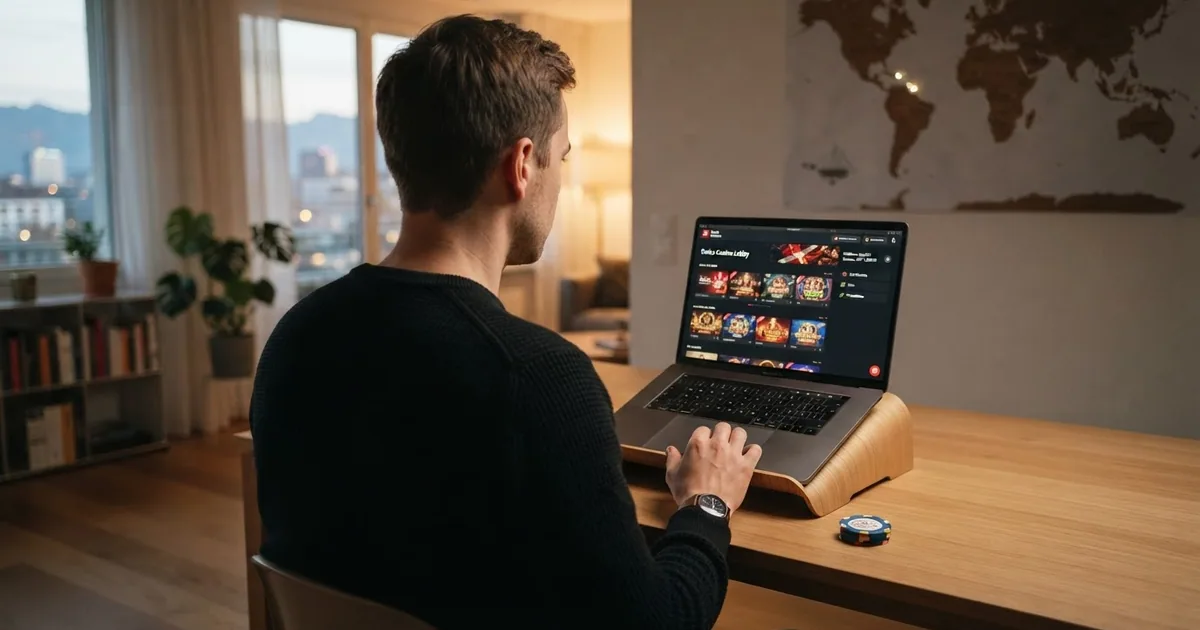 Ein Schweizer Spieler sitzt vor einem Laptop mit geöffneter Casino-Website, im Hintergrund schemenhaft eine Weltkarte mit markierter Karibik