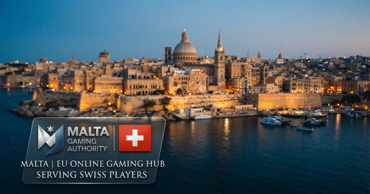 Luftaufnahme der Skyline von Valletta mit Hafen und historischen Befestigungsmauern, überblendet mit dem Logo der Malta Gaming Authority und einer kleinen Schweizer Flagge