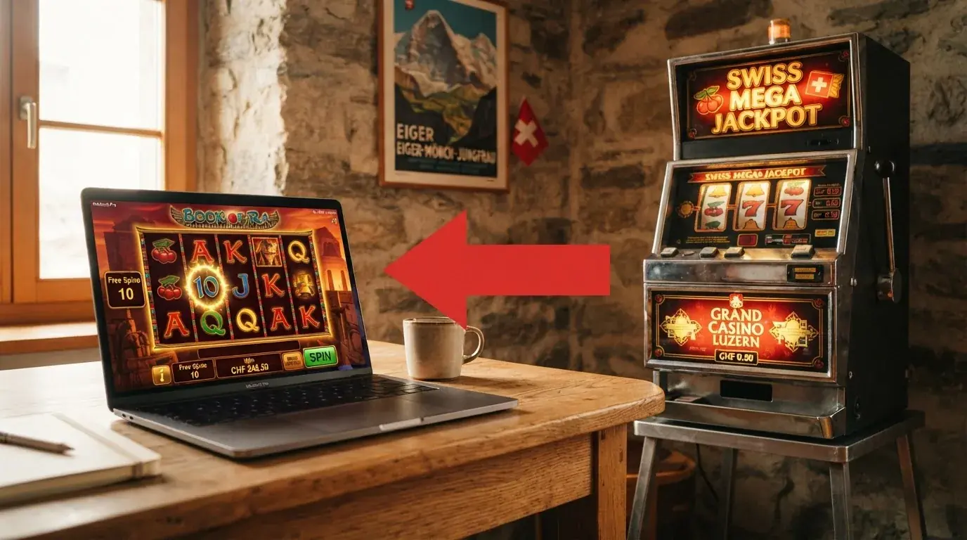 Ein Laptop mit geöffnetem Online-Slot neben einem physischen Spielautomaten in einer Spielbank, ein roter Pfeil zeigt vom Automaten zum Laptop