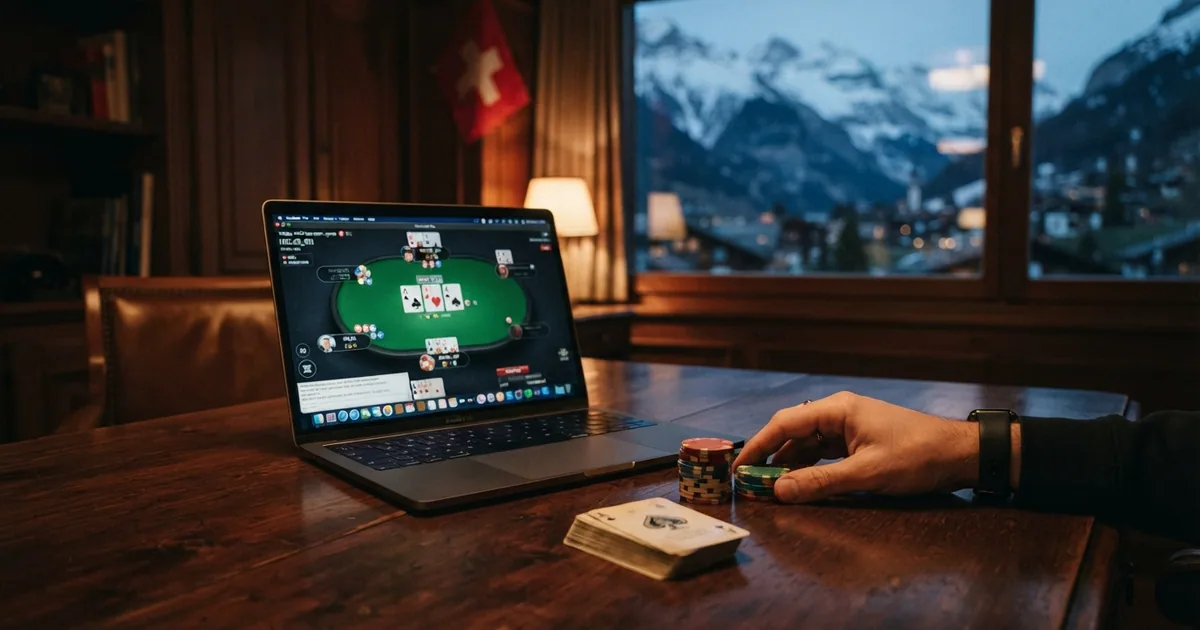 Nahaufnahme eines Pokertisches mit Chips und Karten vor dem Bildschirm, im Hintergrund eine Schweizer Flagge