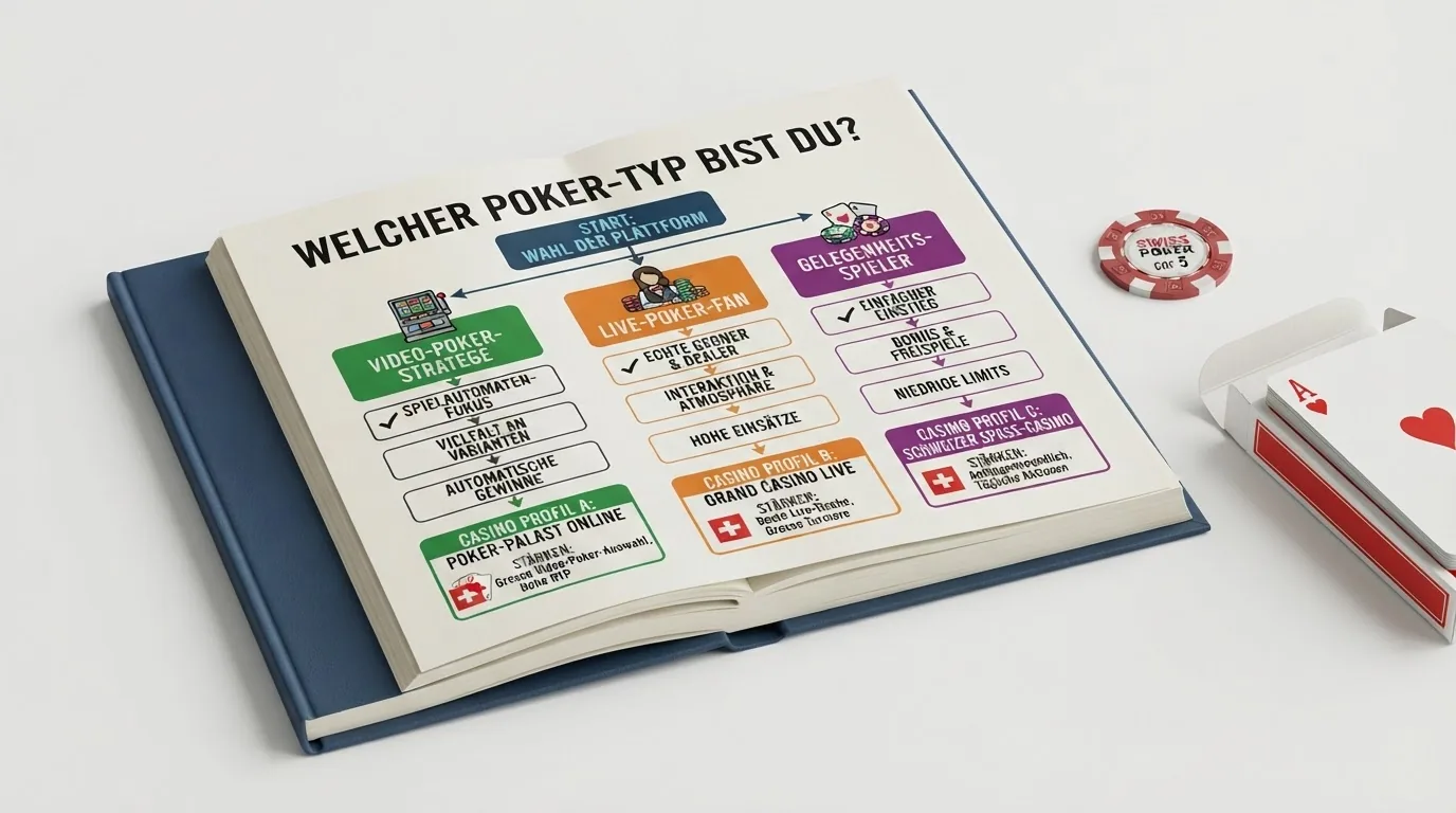 Einfaches Flussdiagramm mit drei Pfaden: Video-Poker-Stratege, Live-Poker-Fan, Gelegenheitsspieler — jeder Pfad führt zu einem Casino-Profil