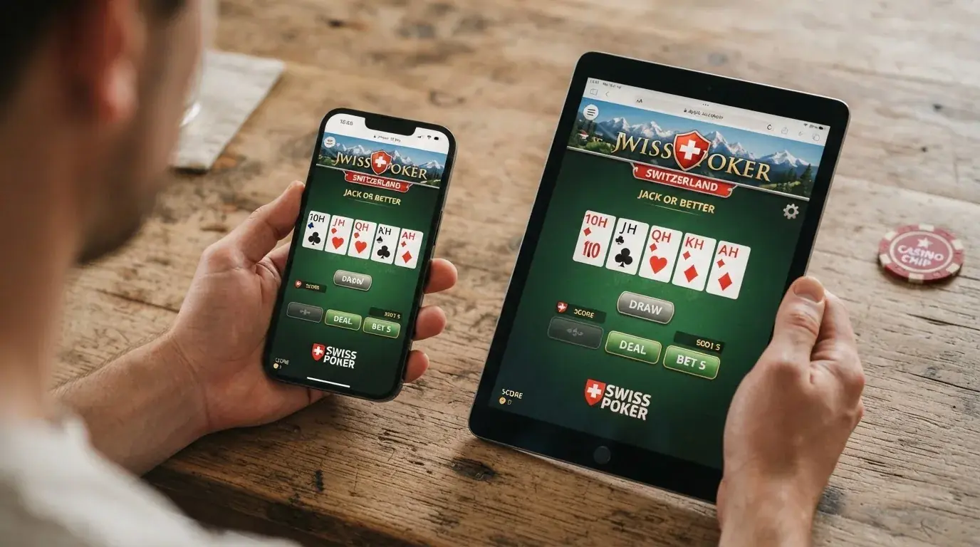 Smartphone in der Hand mit geöffneter Casino-App, daneben dasselbe Casino im mobilen Browser auf einem Tablet