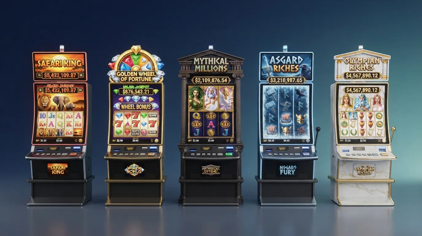 Fünf progressive Jackpot-Slots — Mega Moolah, Mega Fortune, Divine Fortune, Hall of Gods und Age of the Gods — nebeneinander mit ihren Walzen und Gewinntabellen