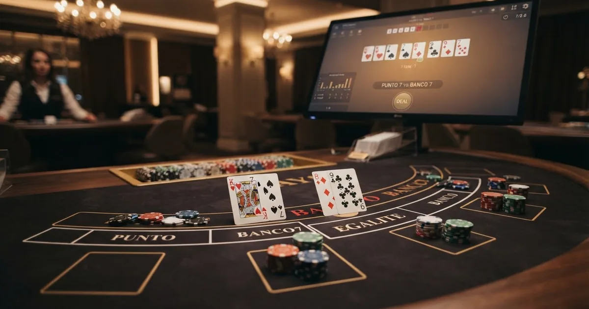 Punto-Banco-Spieltisch aus der Vogelperspektive mit Karten, Jetons und einem Schweizer Online-Casino-Interface auf einem Bildschirm im Hintergrund