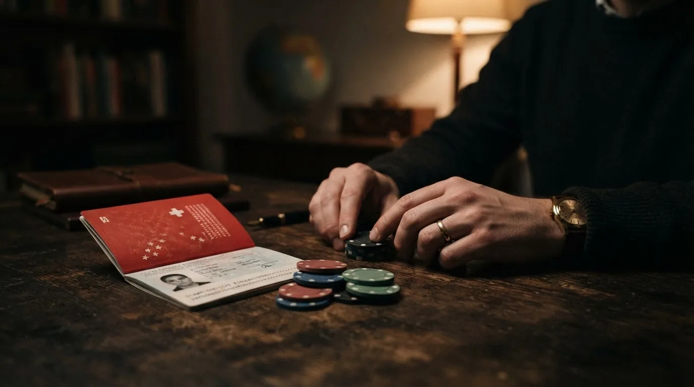 Ein Schweizer Pass neben einem Stapel Spielchips, die zur Hälfte im Schatten liegen