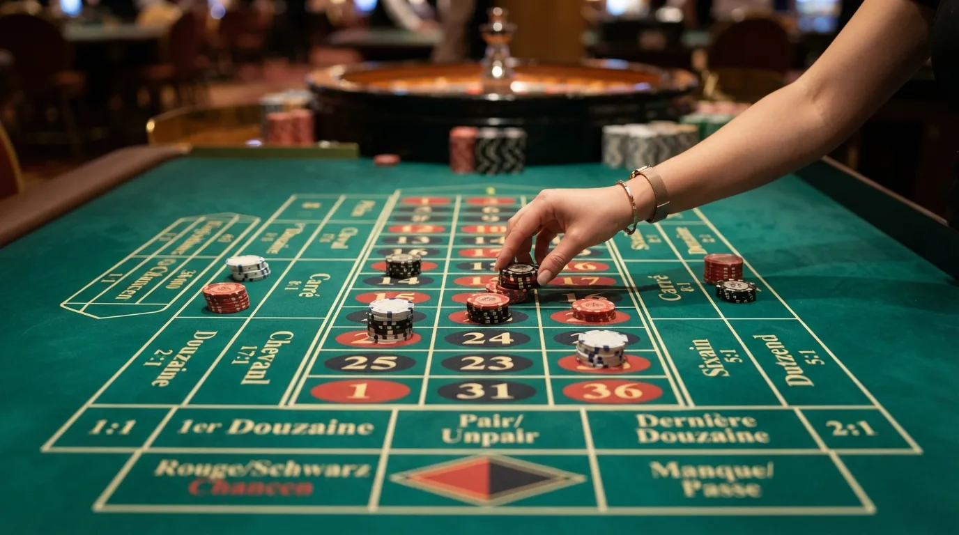Europäisches Roulette-Tableau mit beschrifteten Wettarten (Plein, Cheval, Carré, Einfache Chancen) und ihren Auszahlungsquoten