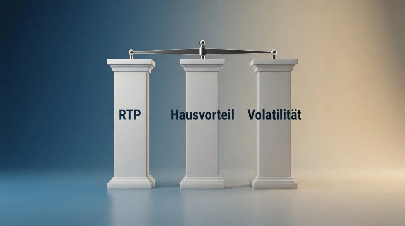 Eine schematische Darstellung: drei Säulen beschriftet mit «RTP», «Hausvorteil» und «Volatilität», die gemeinsam eine Waage tragen