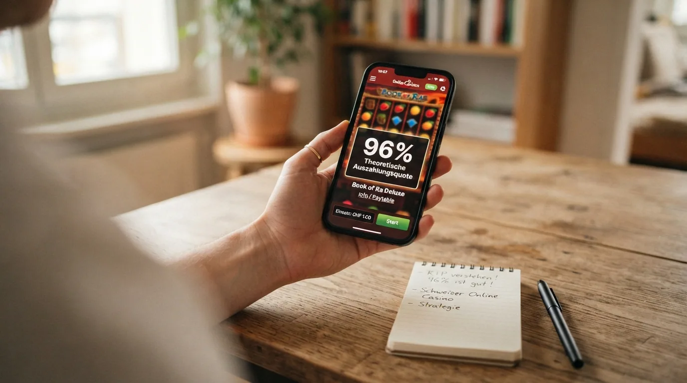 Eine Nahaufnahme der RTP-Anzeige eines Online-Slots mit hervorgehobener Prozentzahl und der Erklärung «Theoretische Auszahlungsquote» daneben