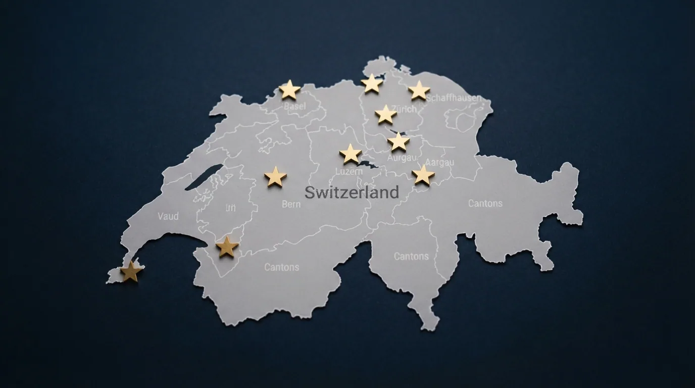 Eine stilisierte Übersichtskarte der Schweiz mit den Logos der neun aktiven ESBK-lizenzierten Online-Casinos an ihren jeweiligen Standorten