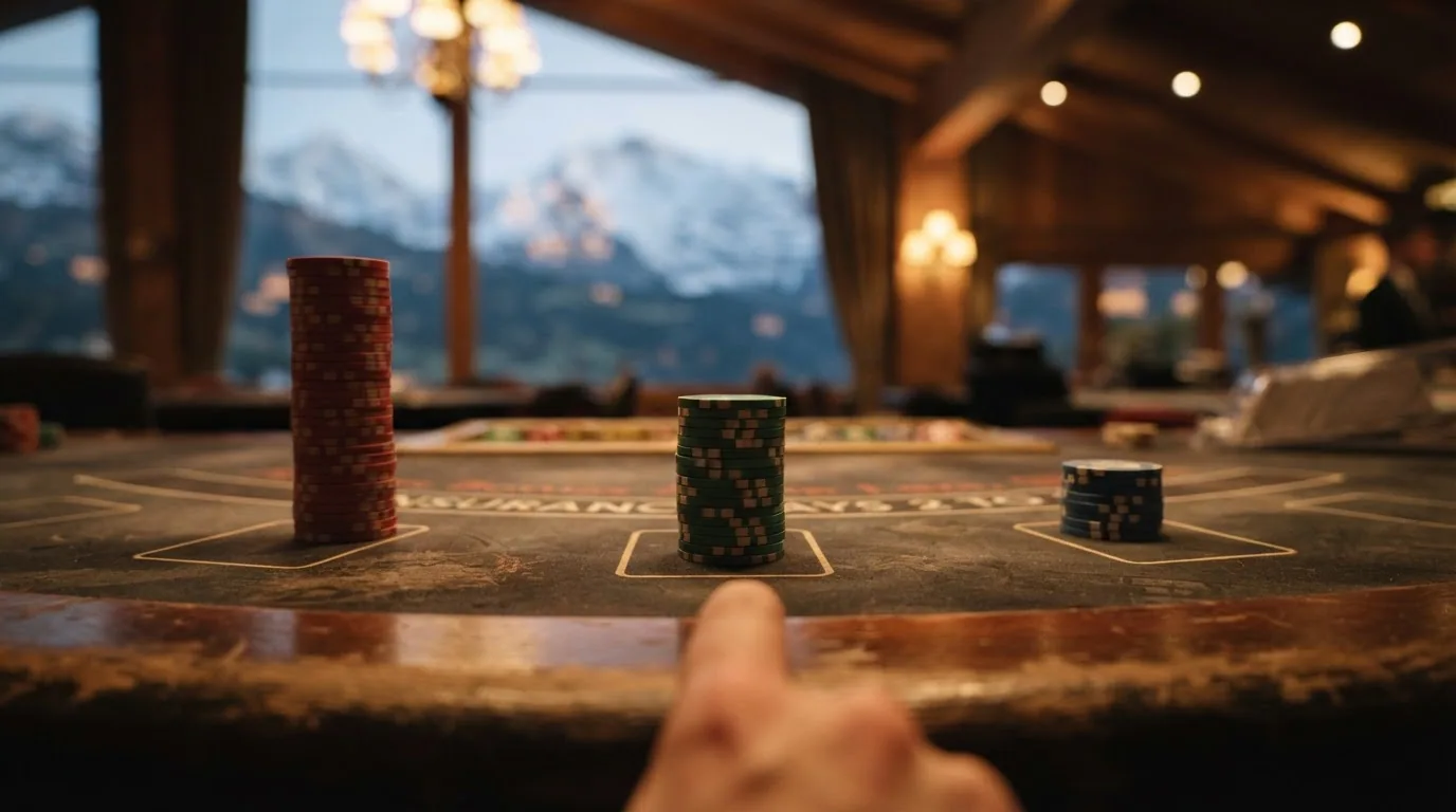 Schweizer Flagge oder Alpen-Silhouette im Hintergrund eines stilisierten Blackjack-Tischs mit drei verschiedenen Chip-Stapeln