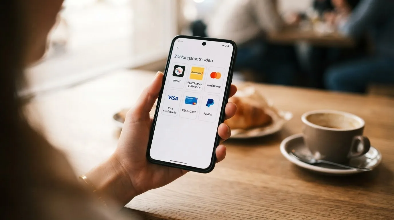 Übersicht der Zahlungsmethoden: TWINT-Logo, PostFinance, Visa/Mastercard, paysafecard, Neteller, Skrill