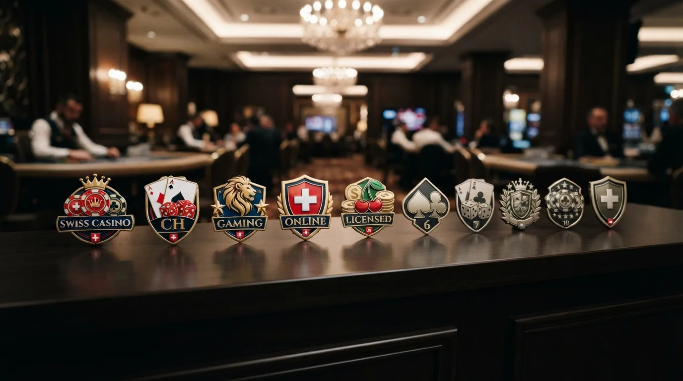 Zehn Casino-Logos in einer Reihe, die ersten fünf farbig hervorgehoben, mit Schweizer Kreuz