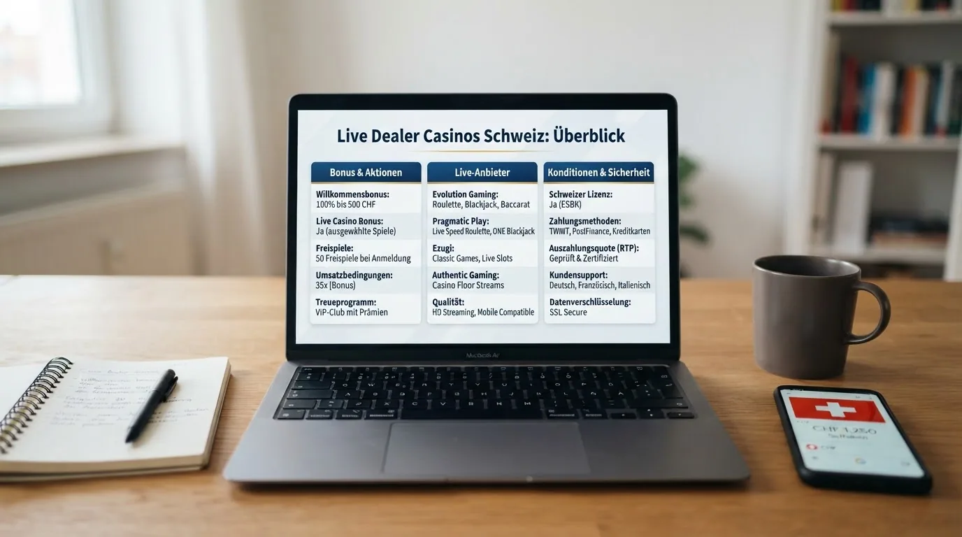 Übersichtstabelle mit allen 10 ESBK-lizenzierten Online-Casinos, sortiert nach Bewertungskriterien auf einem Bildschirm
