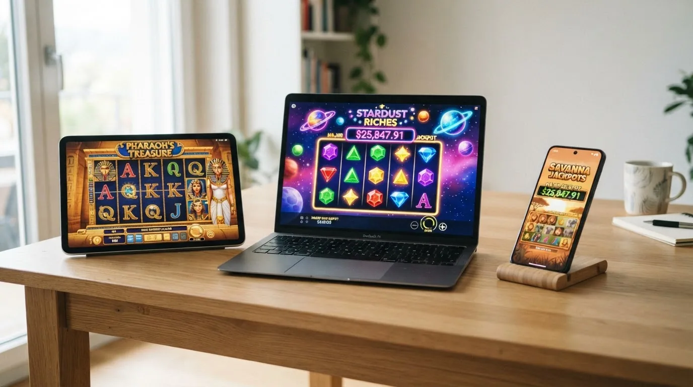 Drei nebeneinander angeordnete Slot-Titel — Book of Dead, Starburst und Mega Moolah — auf verschiedenen Geräten