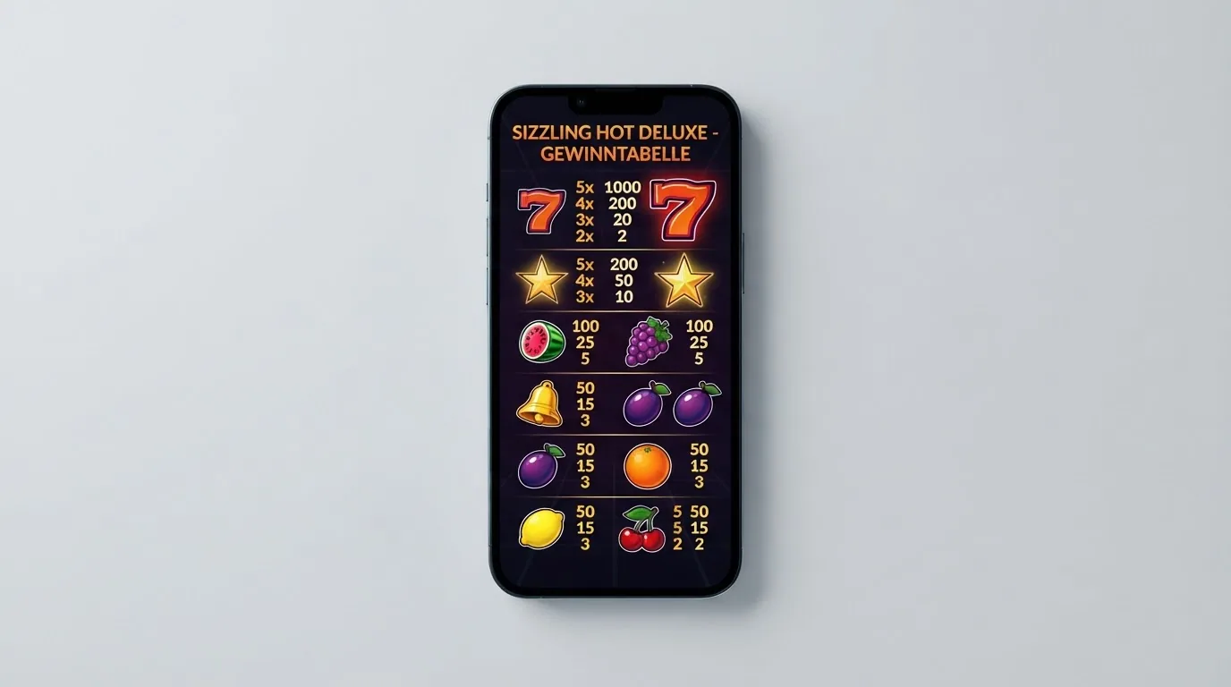 Die Gewinntabelle des Sizzling Hot Deluxe mit allen Symbolen und Auszahlungswerten von der Kirsche bis zur roten 7