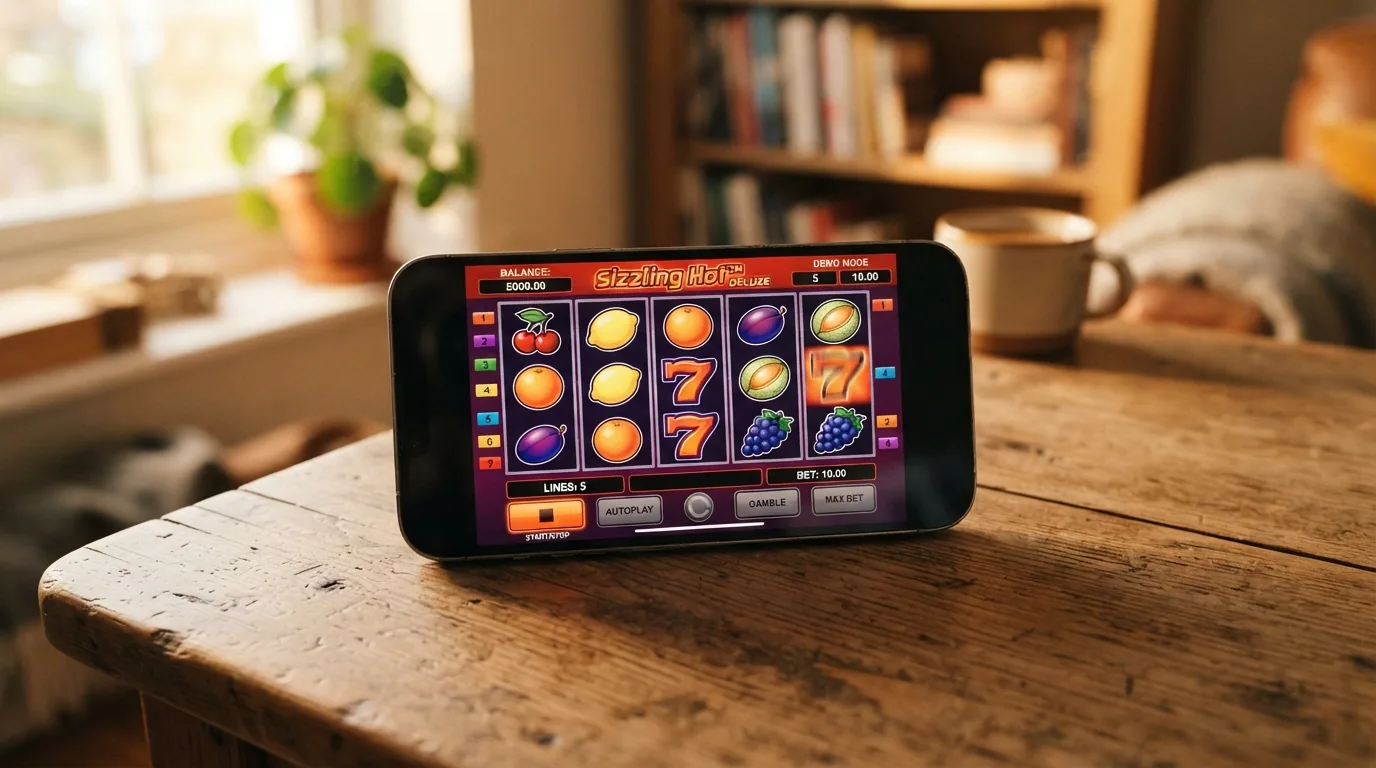 Der Demo-Modus von Sizzling Hot Deluxe mit Spielgeld-Anzeige und den Bedienelementen für Einsatz und Start