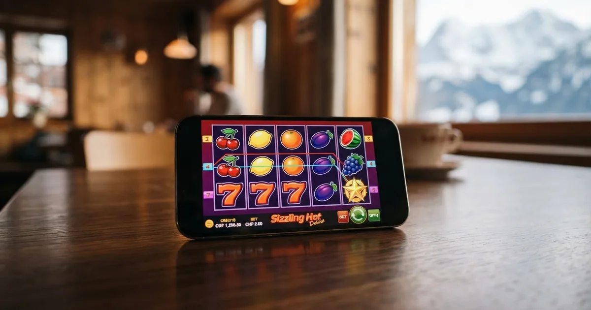 Nahaufnahme des Sizzling-Hot-Deluxe-Spielbildschirms mit fünf Walzen, bunten Fruchtsymbolen und dem klassischen Stern-Symbol