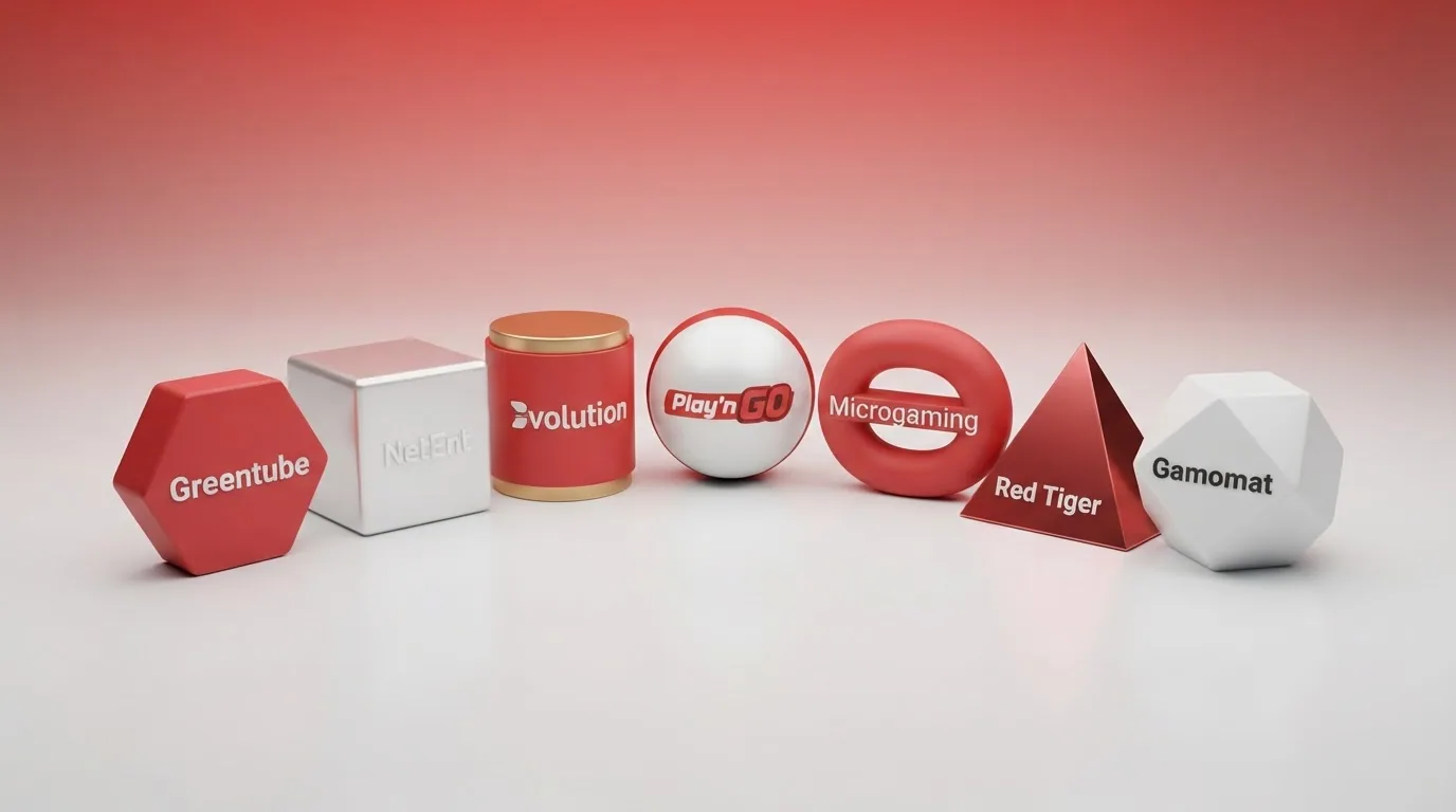 Eine Collage der Logos der wichtigsten Spielehersteller — Play'n GO NetEnt Pragmatic Play Novomatic Merkur — die in Schweizer Casinos vertreten sind