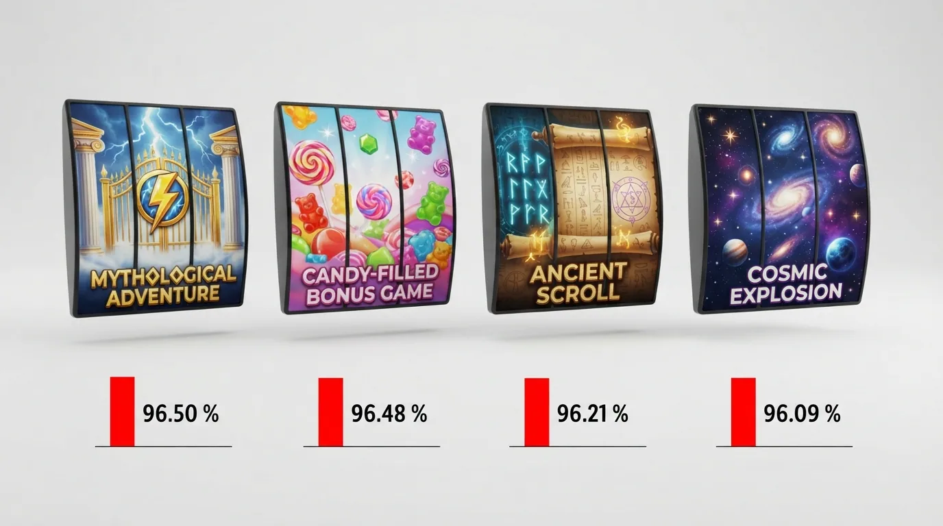 Vier nebeneinanderliegende Slot-Walzen mit den Titeln Gates of Olympus, Sweet Bonanza, Book of Dead und Starburst, darunter Prozentangaben