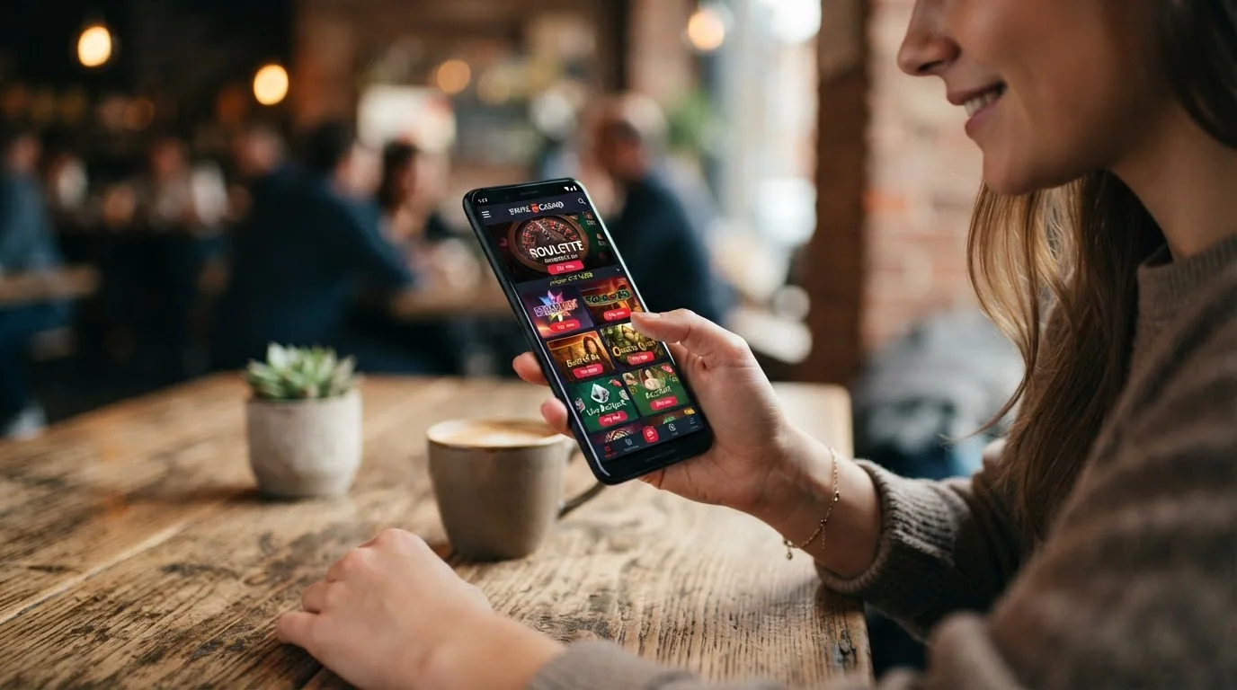 Eine bunte Slot-Walze auf dem Handy, daneben ein Live-Dealer-Stream im Splitscreen