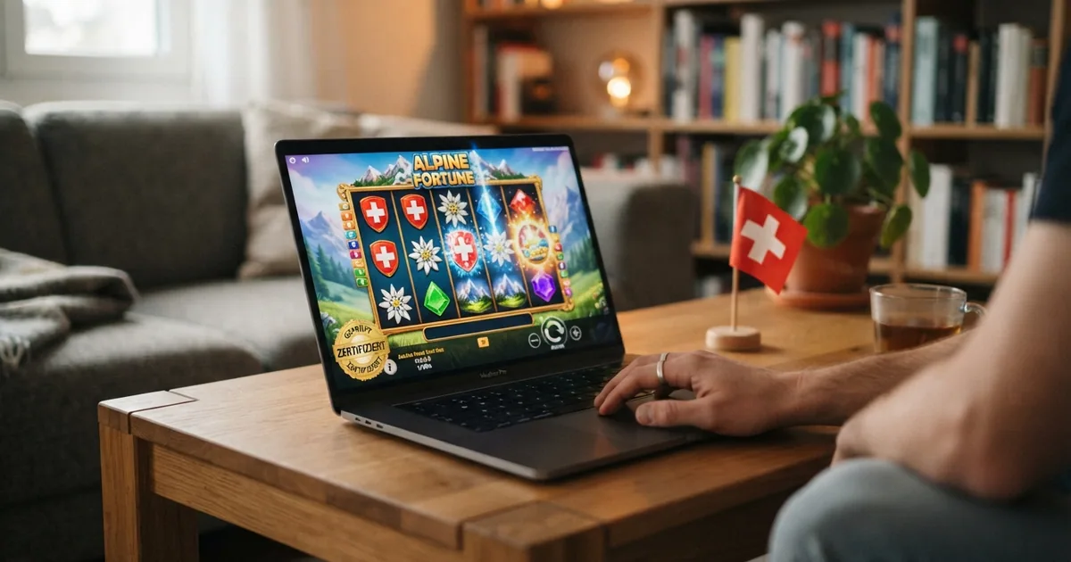 Ein geöffnetes Online-Slot-Spiel auf einem Bildschirm, daneben das ESBK-Logo und ein Zertifizierungssiegel, Schweizer Flagge im Hintergrund