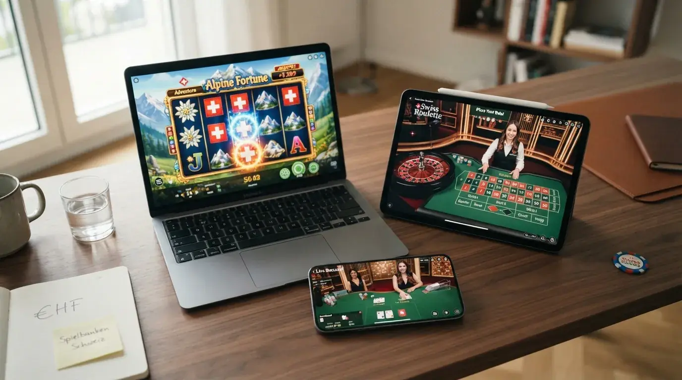 Bildschirm mit einer Auswahl an Casino-Spielen: Slots, Roulette-Kessel und Live-Dealer-Tisch