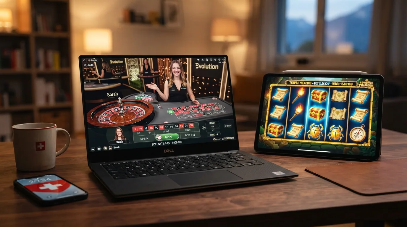 Bildschirm mit Live-Dealer-Roulettetisch im Evolution-Gaming-Interface, daneben Slot-Walzen mit einem Book-Abenteuer-Motiv