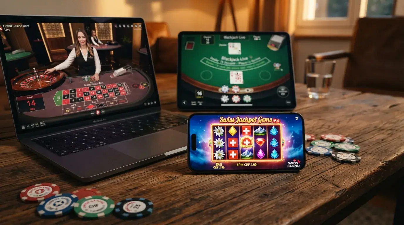 Slots und Roulette und Live-Dealer-Spiele auf verschiedenen Bildschirmen