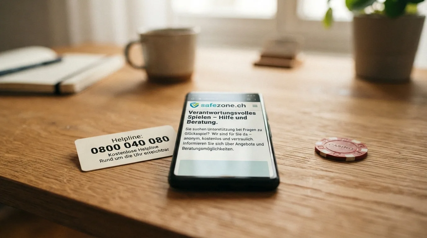 Smartphone mit geöffneter safezone.ch-Startseite, daneben eine Karte mit der Helpline-Nummer 0800 040 080