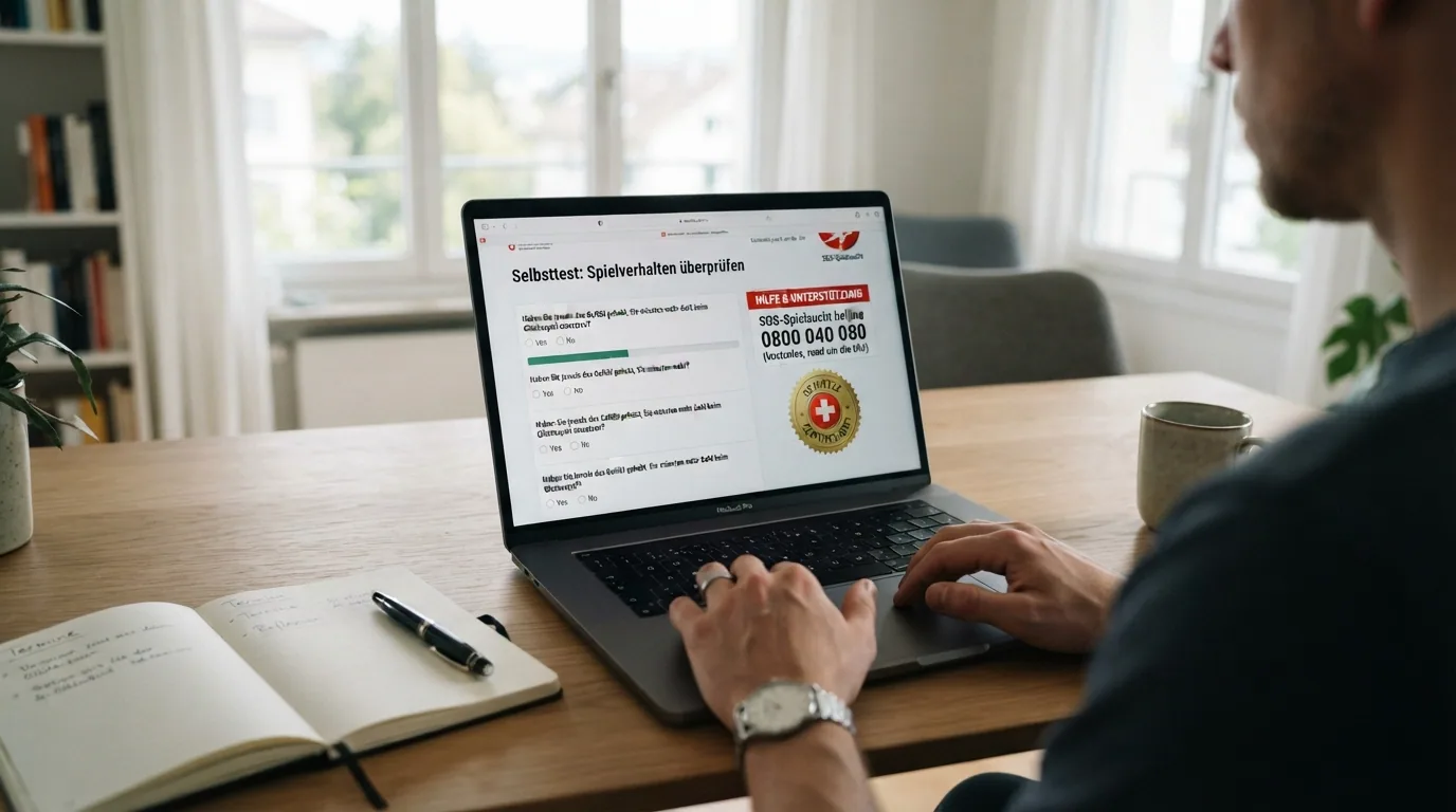 Ein Bildschirm mit geöffnetem Selbsttest-Formular und der SOS-Spielsucht-Helpline-Nummer 0800 040 080, daneben das Logo von Sucht Schweiz
