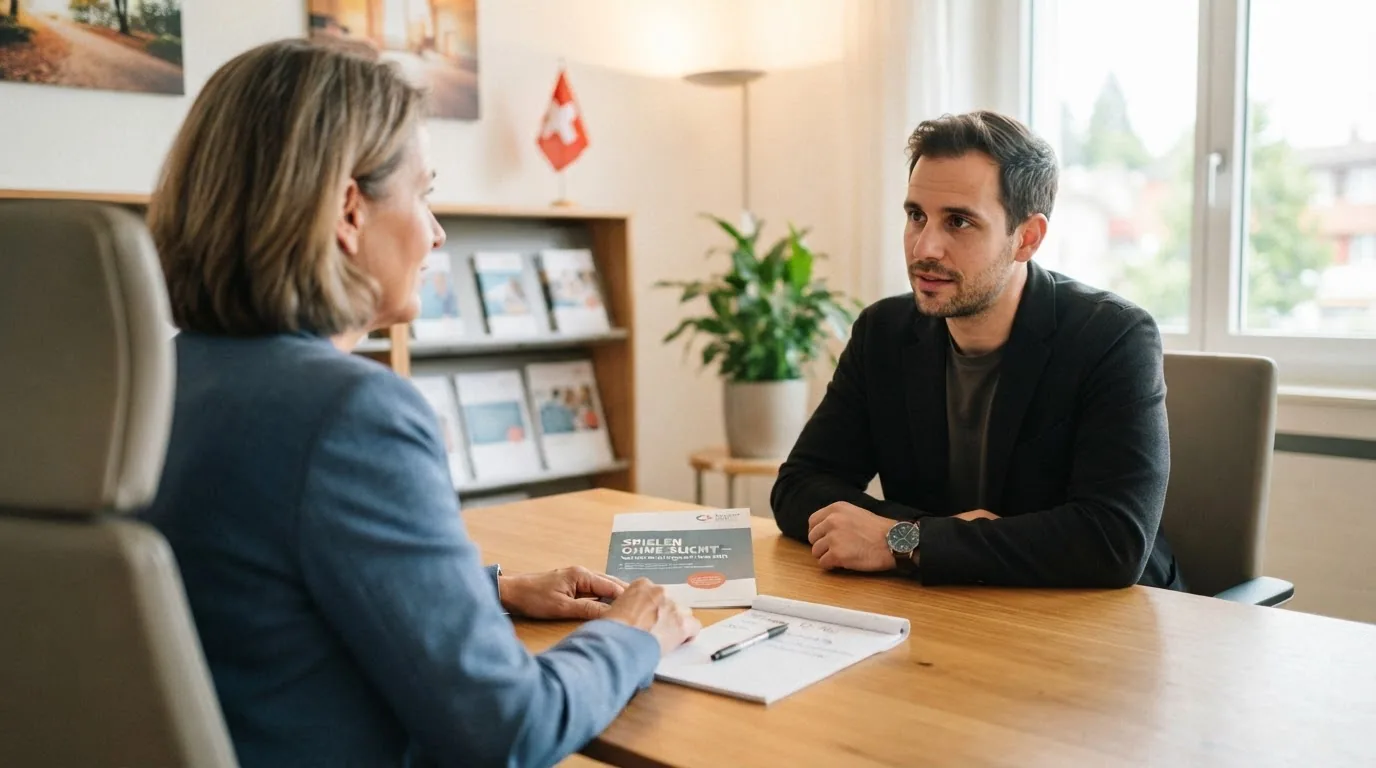 Beratungsgespräch in einer Schweizer Fachstelle für Spielsucht mit Informationsmaterial auf dem Tisch