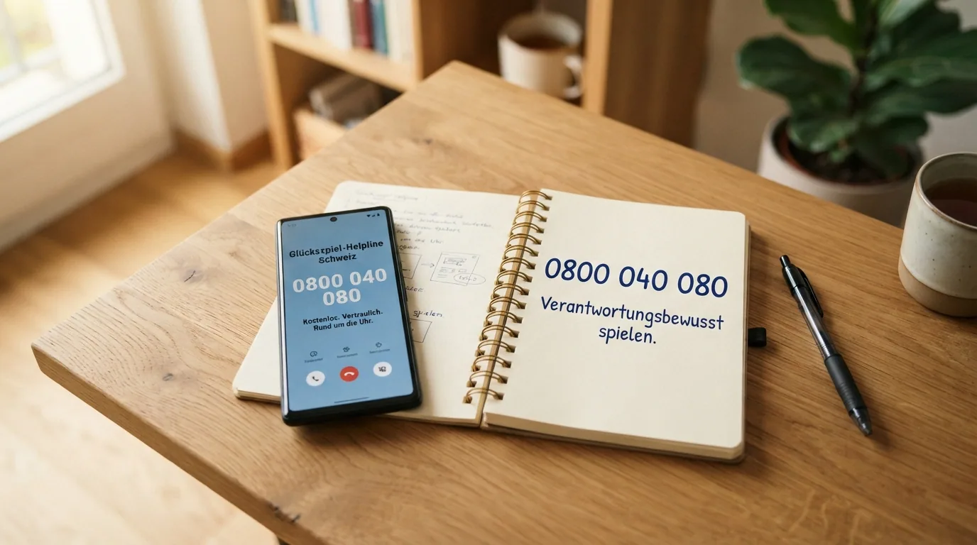 Telefon-Hoerer vor dem Logo der Helpline Spielen ohne Sucht mit der Nummer 0800 040 080