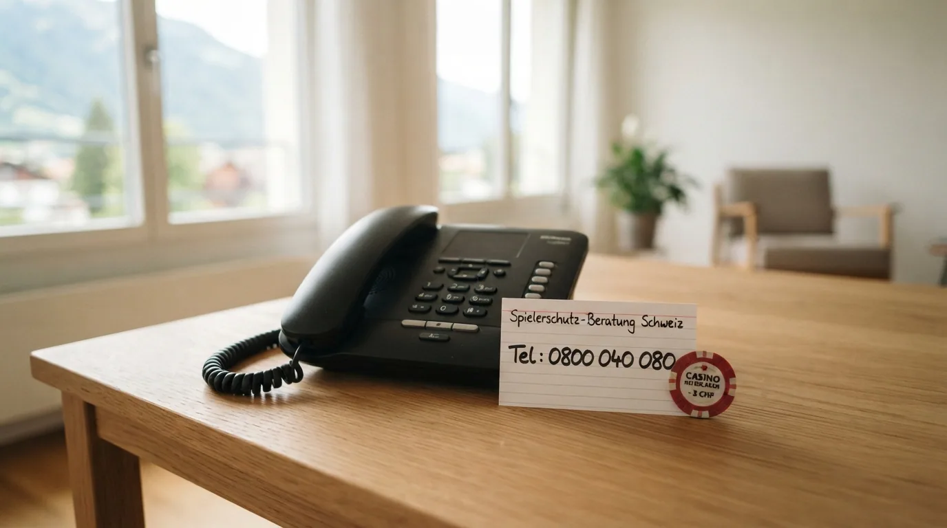 Ein Festnetztelefon neben einer handgeschriebenen Notizkarte mit der Nummer 0800 040 080 und dem Logo von SoS-Spielsucht
