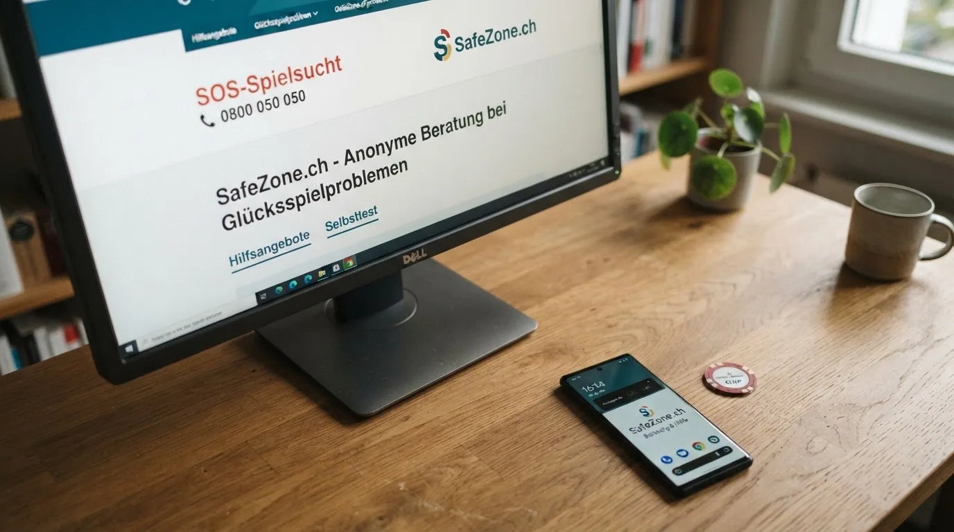 Bildschirm mit den Logos von SOS-Spielsucht und SafeZone.ch neben einem Telefon-Hörer