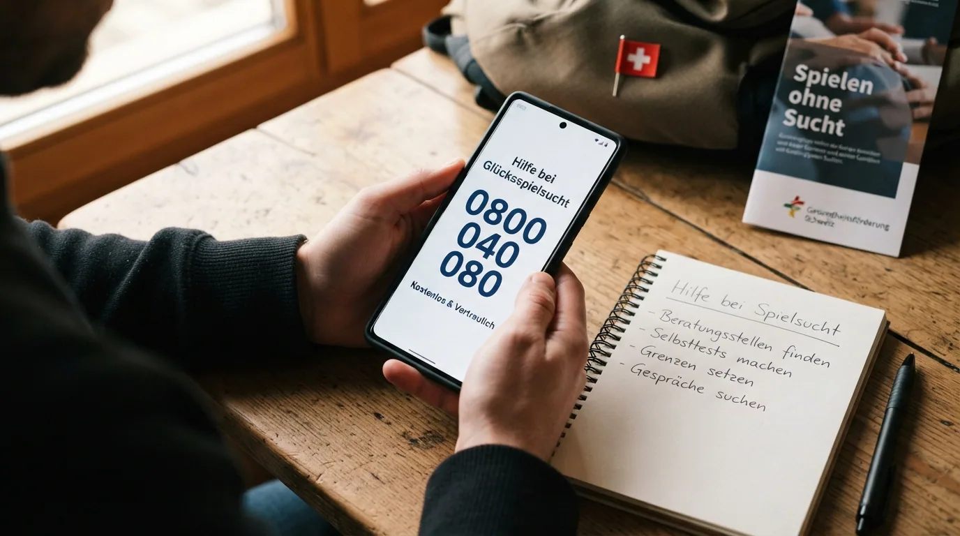 Ein Telefon-Symbol mit der Nummer 0800 040 080, daneben das Logo von Sucht Schweiz und «Spielen ohne Sucht»
