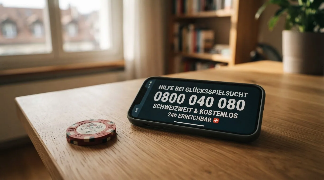 Nahaufnahme eines Smartphones mit eingetippter Notrufnummer 0800 040 080 und dem Logo von SoS Spielsucht
