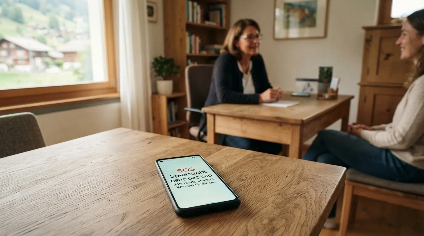 Ein rotes Telefon mit der Nummer 0800 040 080 neben dem Schriftzug «SOS Spielsucht — 24h, gratis, anonym»