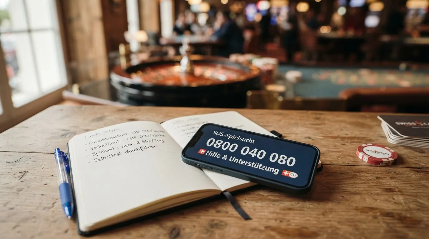 SOS-Spielsucht-Logo mit Helpline-Nummer 0800 040 080 auf einem Bildschirm, daneben ein Limit-Einstellungsmenü eines Schweizer Casinos