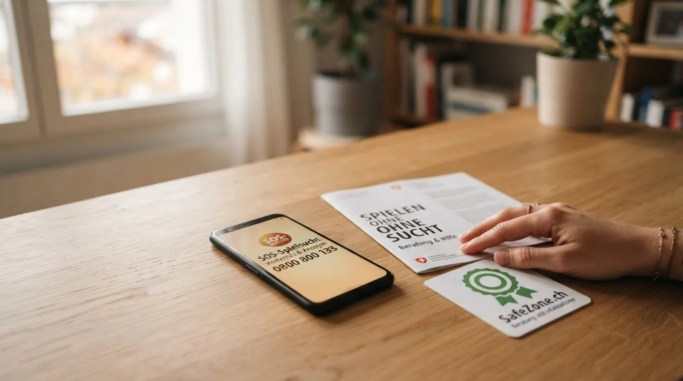 Nahaufnahme eines Telefons mit der gewählten Nummer 0800 800 133 auf dem Display; daneben liegt eine Infobroschüre «Spielen ohne Sucht» und das SafeZone-Logo