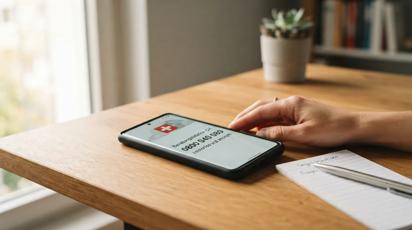 Bildschirm mit der Schweizer Helpline-Nummer 0800 040 080 und dem Hinweis «kostenlos und anonym»